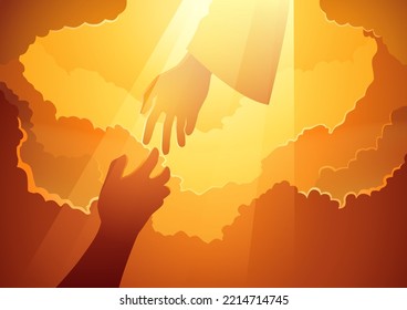 Biblical silhouette illustration series, God hand in the open sky with human hand trying to reach Him, hope, help, God mercy concept