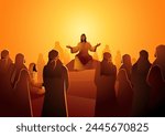 Biblical silhouette illustration series, Jesus sits atop a rock, surrounded by his followers, and gives wisdom and counsel in the peaceful outdoors