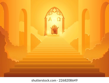 Biblical silhouette illustration series, Jesus sits on the throne with the symbols alpha and omega, the second coming of Jesus Christ