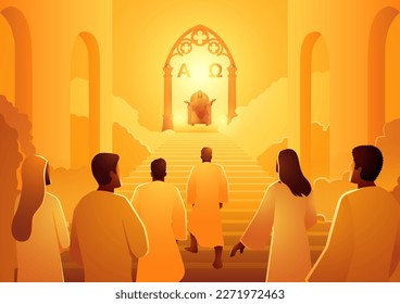 Biblical silhouette illustration series, Jesus sits on the throne of heaven welcoming the arrival of his followers