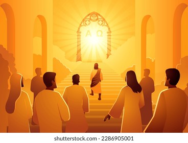 Biblical silhouette illustration series, Jesus leads the group of followers to the heaven gate