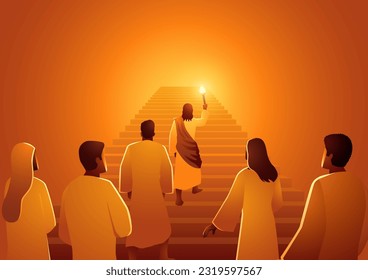 Biblical silhouette illustration series, Jesus leads the group of followers with torch to climb the stairs, Jesus is the light of the world