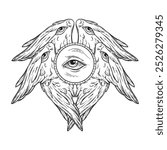 Biblical six winged angel Seraphim with eyes isolated. Hand drawn design vector illustration