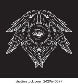 Biblical six winged angel Seraphim with eyes isolated. Hand drawn design vector illustration