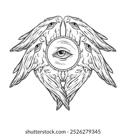 Biblical six winged angel Seraphim with eyes isolated. Hand drawn design vector illustration