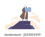 Biblical Stories Concept. Moses Standing On Mountain With Ten Commandments. Prophet Moses Character Demonstrate To People Of Israel Stone Tablets Receiving From God. Cartoon Vector Illustration