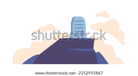 Biblical Stories Concept with Ten Commandments on Mountain Top. Prophet Moses Brought To People Of Israel Stone Tablets Receiving From God. Cartoon Vector Illustration