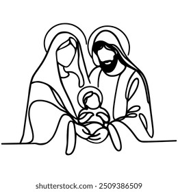 Biblical stories, Joseph and virgin Mary with Jesus Christ in her arms. Vector illustration, continuous one line drawing