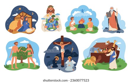 Biblical stories. Narratives compositions. Sacred book characters. Holy scripture. Christian religion scenes. Jesus Christ crucifix. Adam and Eve history. Noahs ship