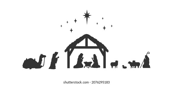 Biblical Сhristmas Story. Baby Jesus In The Manger With Mary And Joseph. The Holy Family In Stable. Silhouette Vector Illustration 