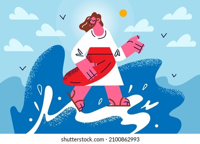 Biblical Story Of Jesus Christ Walking On Water Edge. Bible Narratives Vector Illustration. Miracle In New Testament. Religion And Faith Concept. Belief And Superstition. 