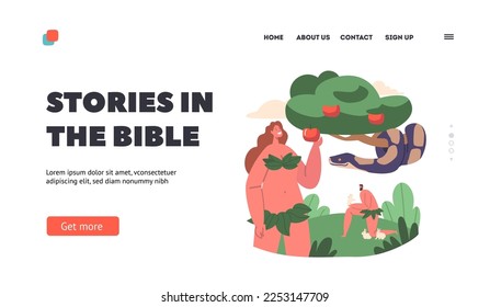 Biblical Story Landing Page Template. Adam and Eve Lapse From Virtue. Evil Serpent Deceive and Tempt Eve Into Eating Fruit From Forbidden Tree. Snake On Apple Tree. Cartoon Vector Illustration