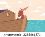 Biblical Story Saved by God Noah Character Letting Dove Fly into Sky Standing on Deck of Ark. Noah Ark Saving Life on Planet. God Preserved Man from Genesis Flood. Cartoon People Vector Illustration