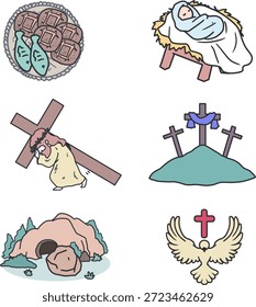 História Bíblica Vetor Natividade Cruz Ressurreição. Perfeito para a educação cristã, materiais da igreja, aulas da Bíblia, conteúdo religioso, cartazes, livros, aplicativos e projetos baseados na fé