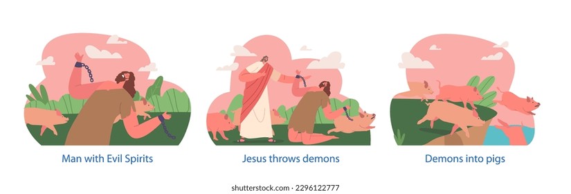 Biblical Testament Scenes Jesus Christ Character Expelled Demon From Possessed Man Into A Group Of Swine, Illustration