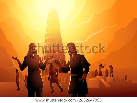 Biblical Tower of Babel Vector Illustration, confusion of languages