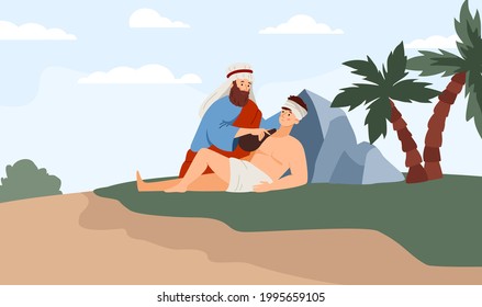 Prueba bíblica de la narrativa de Abraham, ilustración vectorial plana. Antiguo Testamento o historia religiosa de la Biblia judía de Abraham sacrificando a su hijo Isaac a Dios.