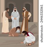 Biblical vector art. Jesus, sinner woman and pharisees.  Bible story John 8:7. 