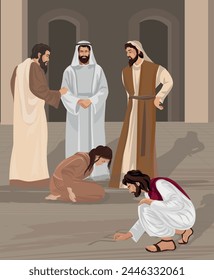 Biblical vector art. Jesus, sinner woman and pharisees.  Bible story John 8:7. 