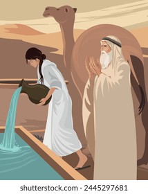 Biblical vector art. Rebekah at the well. Rebekah giving water to Abraham's servant, camels Bible Genesis 24: 17-20