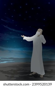 Biblical vector illustration. Abraham, And he brought him outside and said, Look toward heaven, and number the stars, if you are able to number them. Then he said to him, So shall your offspring be