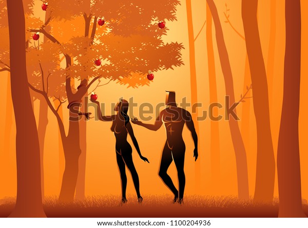 Biblical vector\
illustration of Adam and Eve, a serpent deceives Eve into eating\
fruit from the forbidden\
tree