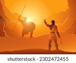 Biblical vector illustration of David and Goliath ready for a duel in dramatic scene