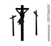 Biblical vector illustration. Jesus Christ on the cross. Three crosses. Calvary