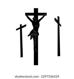 Ilustración bíblica vectorial. Jesucristo en la cruz. Tres cruces. Calvario