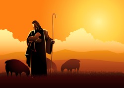 Biblical vector illustration of Jesus as a shepherd