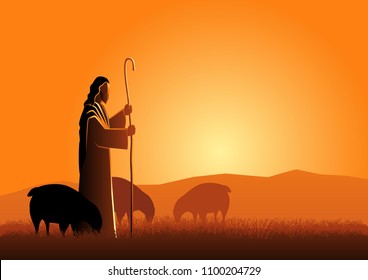 Biblical vector illustration of Jesus as a shepherd