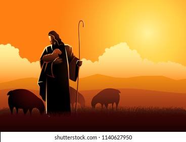Biblical vector illustration of Jesus as a shepherd