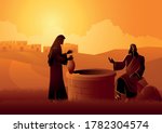 Biblical vector illustration of Jesus talking with Samaritan woman at the Jacob’s well