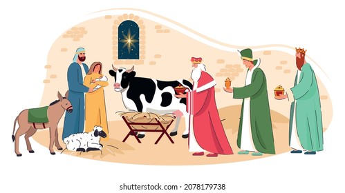 Ilustración bíblica vectorial de la Natividad. Sagrada Familia y los tres sabios que le dan tesoros al niño Jesús. Hombres sabios viajan a Belén. Niño Jesús en el pesebre. Feliz Navidad de fondo.