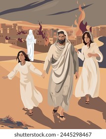 Biblical vector illustration.God Rescues Lot. Lot's wife, behind him, looked back, and she became a pillar of salt. Genesis 19.