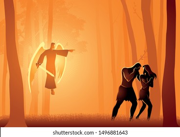 Biblical vector illustration series, Adam and Eve Expelled From The Garden
