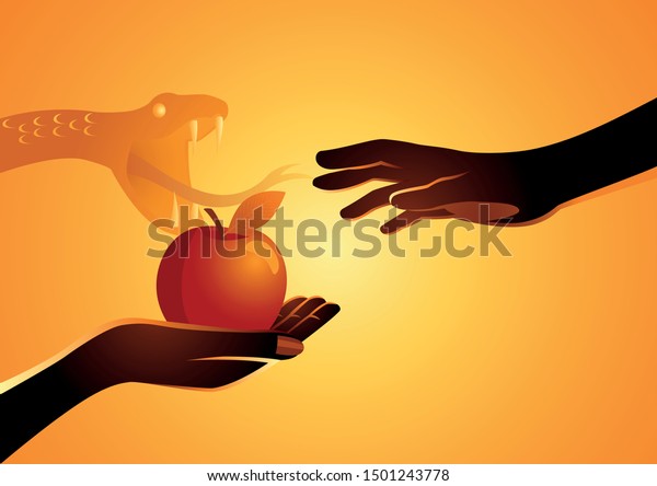 Biblical vector illustration series, Adam and Eve,\
Eve offering the apple to\
Adam