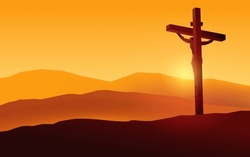 Biblical vector illustration series, back view of Jesus on the cross wearing a crown of thorns