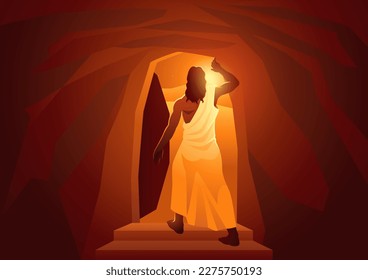 Biblical vector illustration series, back view of the resurrection of Jesus or resurrection of Christ