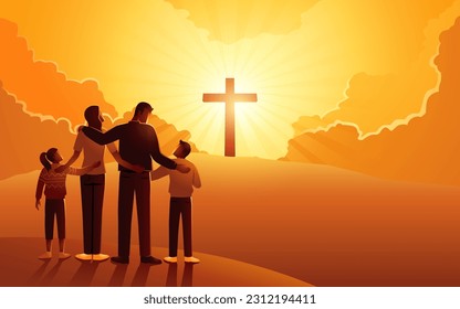 La serie bíblica de ilustraciones vectoriales de la familia cristiana se encuentra en el fondo de la colina, mirando hacia arriba una cruz en la colina. Seguidores, esperanza, consagrado concepto de cristianos