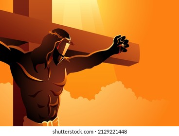 Biblical vector illustration series, close up of Jesus on the cross wearing a crown of thorns