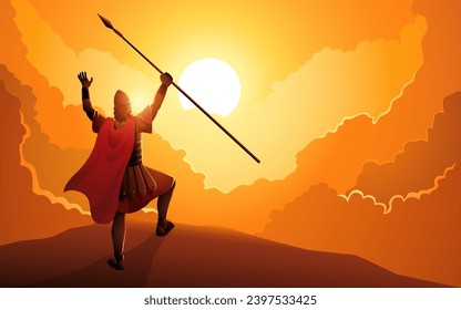 Biblical vector illustration series, depicting the moment when Joshua commanded the sun to stand still