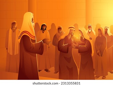 Biblical vector illustration series, forty days after Jesus' birth, Mary and Joseph carried Him to the Temple in Jerusalem