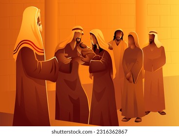 Biblical vector illustration series, forty days after Jesus' birth, Mary and Joseph carried Him to the Temple in Jerusalem