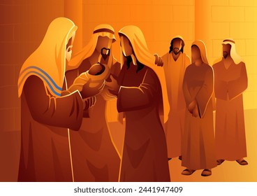 Biblical vector illustration series, forty days after Jesus' birth, Mary and Joseph carried Him to the Temple in Jerusalem and Simeon blessed them