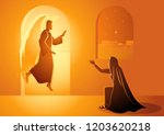 Biblical vector illustration series, Gabriel visits Mary also referred to as the Annunciation to the Blessed Virgin Mary
