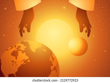 Serie de ilustraciones bíblicas vectoriales, mano de Dios creando el sol, la luna, las estrellas cerca del planeta Tierra. La Creación del Mundo, el cuarto día