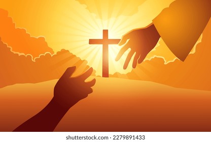 Biblical vector illustration series of God’s hand reaching out for human hand with cross on hill as the background. Hope, help, God mercy concept