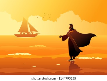 Biblical vector illustration series. Jesus walking on water