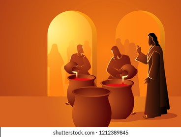 Biblical vector illustration series, Jesus turns water into wine